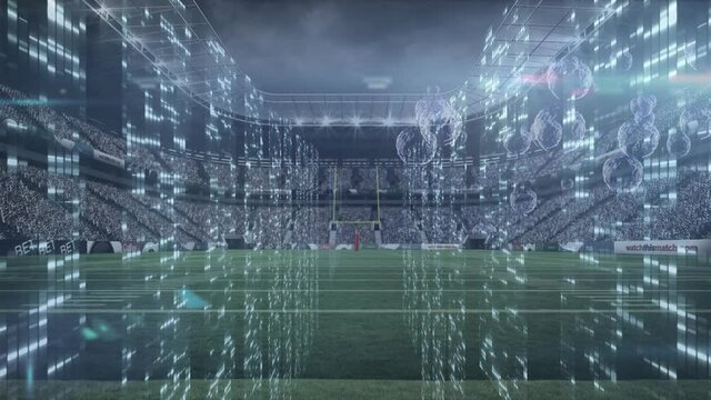 Animation of flashing lights on server and processing data over grass pitch at sports stadium