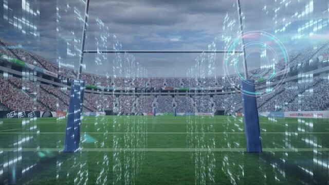 Animation of lights on server with scanner processing data over rugby pitch at sports stadium