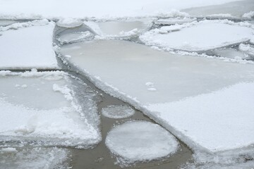 Close up of a cracked ice floe in the sea