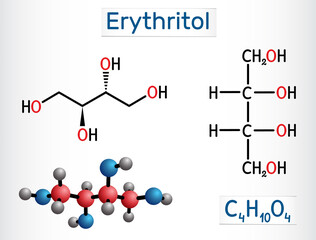 Erythritol molecule. It is sugar alcohol or polyol, food additive, sugar substitute, E968, Is found in algae, fungi, lichens. Structural chemical formula, molecule model