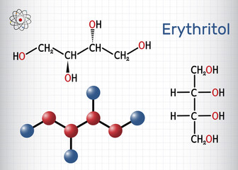 Erythritol molecule. It is sugar alcohol or polyol, food additive, sugar substitute, E968. Structural chemical formula, molecule model. Sheet of paper in a cage