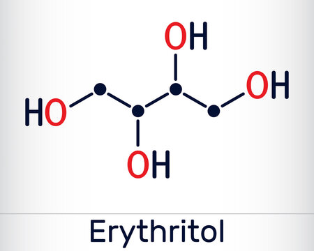 Erythritol molecule. It is sugar alcohol or polyol, food additive, sugar substitute, E968, Is found in algae, fungi, lichens. Skeletal chemical formula