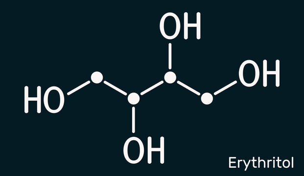 Erythritol molecule. It is sugar alcohol or polyol, food additive, sugar substitute, E968, Is found in algae, fungi, lichens. Skeletal chemical formula on the dark blue background
