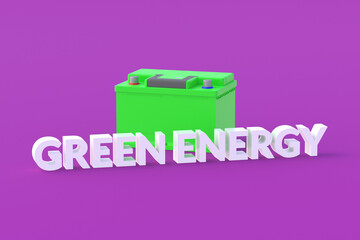 Auto battery near inscription green energy. Environmentally friendly electricity. New technologies. Environmental protection. 3d render