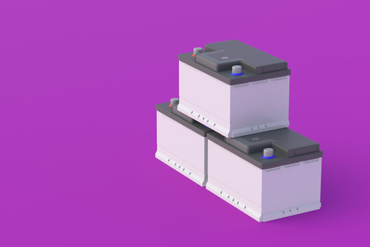 Heap of 12 V auto batteries on purple background. Battery capacity. Replacement of automotive parts. Copy space. 3d render