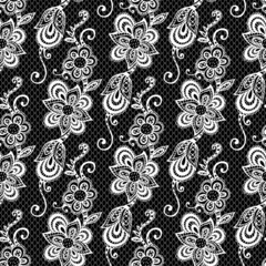 White Floral Lace on Black Background. Vector Illustration.