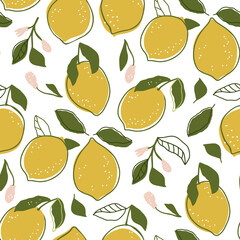 Summer yellow lemon fruit cartoon doodle seamless pattern