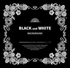 Vintage White Lacy Floral Frame on Black Background. Vector Illustration.