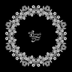White Round Floral Frame on Black Background. Vector Illustration.