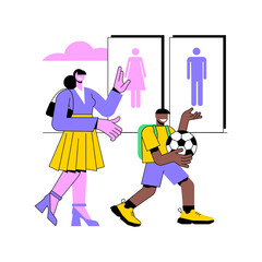 Obraz premium Public restrooms abstract concept vector illustration. Restrooms equipment, public toilet facilities, rules and regulations, bathroom hygiene, cleaning and disinfection service abstract metaphor.