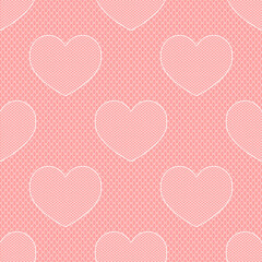 Seamless Pattern with white Lace on Pink Background. Romantic Ornament with Hearts. Vector Illustration.