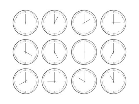 Circle clock with 12 o'clock. Vector icon set of mechanical wall clock face timers with intervals. Twelve hours. Business watch isolated on white background. International timepiece display.Time zones