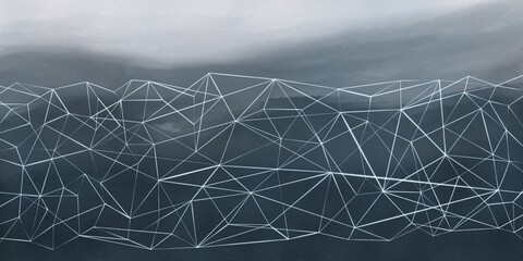 Fondo abstracto en colores oscuros, paisaje de montañas abstracto con red tecnológica o malla de líneas en blanco. Recurso gráfico con espacio para texto