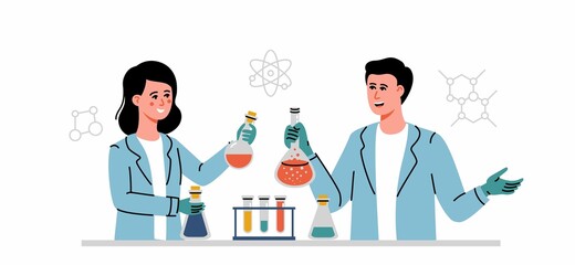 Science research concept. Young Man and woman with flasks make discoveries in field of chemistry. Employees of chemical laboratory conduct experiments. Cartoon trendy flat vector illustration