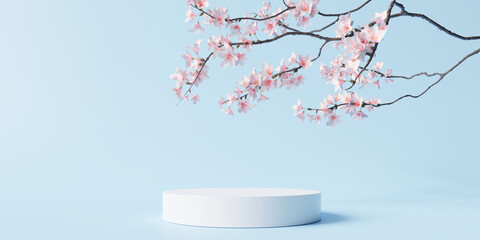 White product display podium with  blossom flowers on blue background. 3D rendering