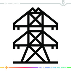 The editable line icon of electric power transmission can be used as a customizable black stroke vector illustration.