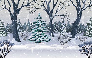 winter snowy forest evening landscape. illustration with frosty fir trees, woods, bushes in snow and blizzard. realistic picture of snowy glade in woodland. wild nature outdoors. seamless background.