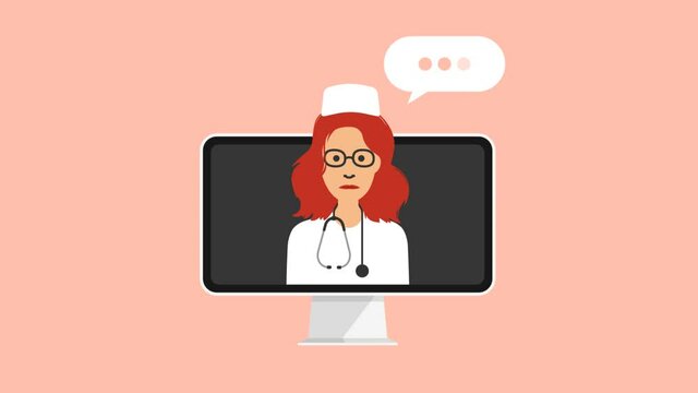 Female doctor animation giving online consultation on monitor screen. Online medical consultation and prescription. Medical support. 4k cartoon video animated.