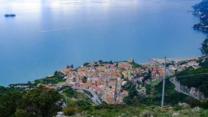 Naklejka premium top view of Vietri sul Mare, Salerno, Italy. village with sea and ship