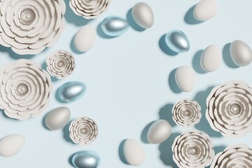 3d render of ivory beige Easter eggs frame with flowers on a blue background