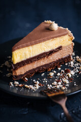 Nougat vanilla and chocolate glazed cake in four layers with hazelnuts on top and hazelnut crumbs around on a dark background