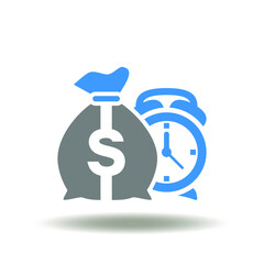 Vector illustration of money bag with alarm clock. Icon of money and time. Symbol of money savings and investment. Retirement Pension Planning Sign.
