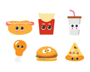 Set of cute fast food characters in cartoon style. Vector illustrations. Coffee, burger, hot dog, pizza slice, french fries. Use in the menu, in the shop, in the bar, the card or stickers.