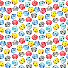 Seamless pattern with multicolored Christmas bells; yellow, blue, red, gray, green. Watercolor illustration on a white background.