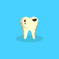 flat style illustration of a sick yellow tooth with caries and black dots on a blue background. dentistry concept. Bad tooth icon