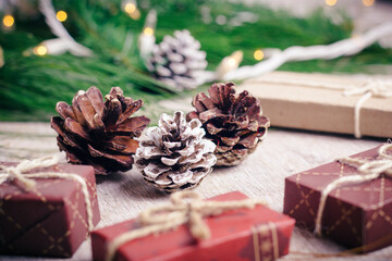 Pine cones with christmas gifts