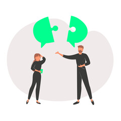 Compromise to get solution in business meeting, leadership to communicate and connect ideas in brainstorm session concept, smart business people team with connected jigsaw puzzle speech bubble.
