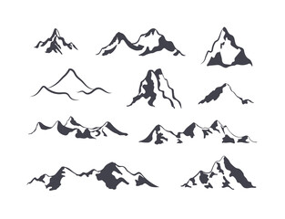 mountains, nature logos, icons set isolated on white background, mountains shapes, ranges and tops.