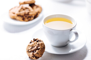 Cup of tea in white cup with chocolate chip cookies as a part of a scene, on a white background