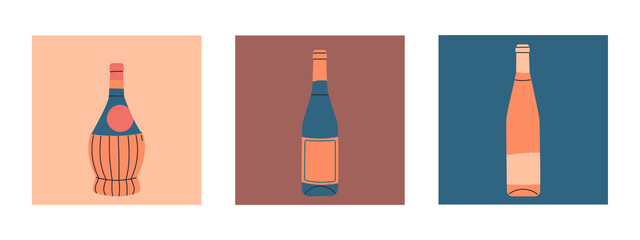 Set of vector flat bottles of wine. Labels without inscriptions. Illustration for bar or restaurant menu design.