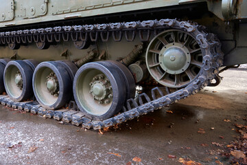 Military tank tracks close up view