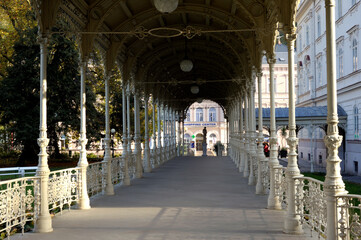 Czech Republic, Karlovy Vary. The Mill Colonnade is a large colonnade containing several hot springs in the spa town of Karlovy Vary. The Mill Colonnade is supported by 124 columns.