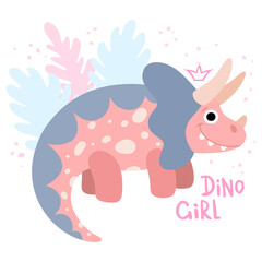 Pink dinosaur triceratops with a crown and hand lettering. Girl power concept. Dino girl flat hand drawn vector. Cute smiling character for kids book, games, posters.