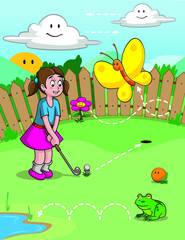 Girl playing golf in the backyard garden