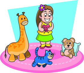 Little girl playing with her toys and her cat