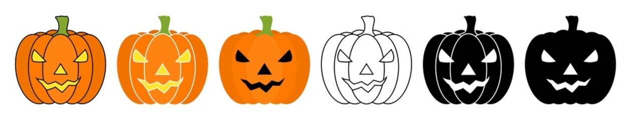 Halloween carved pumpkins set. Jack-o'-lantern vector illustration isolated on white background. Squash collection.