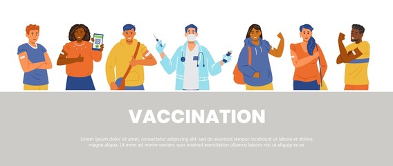 People vaccination against coronavirus flat vector horizontal banner. Multiracial men and women vaccinated showing hands with patches. Doctor holding vaccine and syringe. - obrazy, fototapety, plakaty