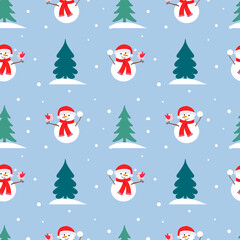 Seamless pattern for the Christmas card and New Years. Snow, Snowman in Santa Claus hat, house, trees, birds. Winter festive vector in flat style