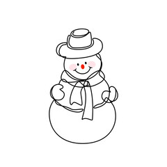 Snowman in a scarf and hat. Christmas and Happy New Year. Drawing a continuous line. Vector illustration isolated on white background.