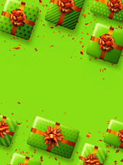 Green gift boxes with red bows.