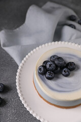 Blueberry cheesecake on a white plate on a gray table