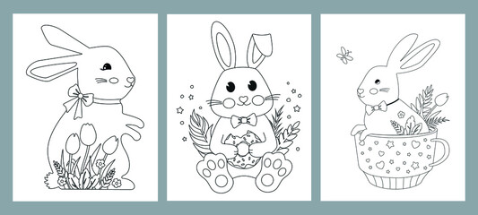 Set coloring books for children and adults. Bundle coloring pages with a bunny character. Rabbits are sitting in cup. Hare in the grass with tulips. Pictures in the contours, coloring for the rest