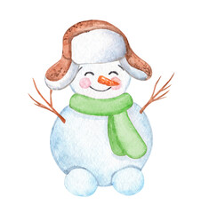 watercolor snowman with green scarf in brown hat isolated on white
