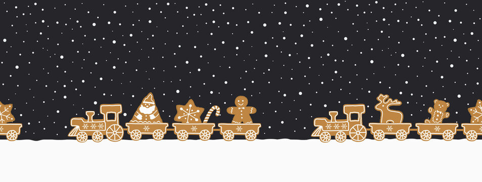 Gingerbread trains. Seamless border. Christmas background. There are trains with sweets on a dark blue background. There are santa claus, gingerbread man, deer, stars and candies here. Vector