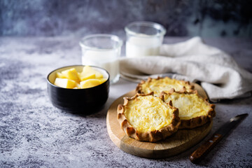 Rye pies with potatoes, Russian and Finnish cuisine. Karelian Pirakka