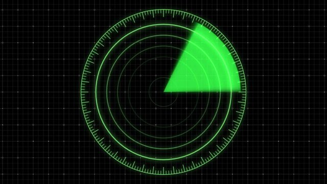 Abstract green radar monitor screen on black grid background. Simple sonar radar HUD navigation screen searching an object. 4k, seamless loop video animation.
